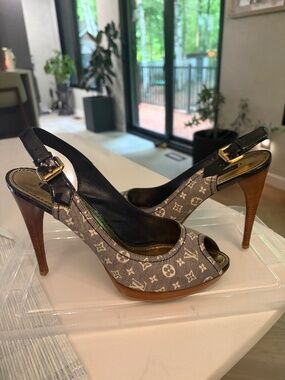 Louis Vuitton Monogram Mini Lin Peep-Toe Slingback Heels sz 39 | Made in Italy